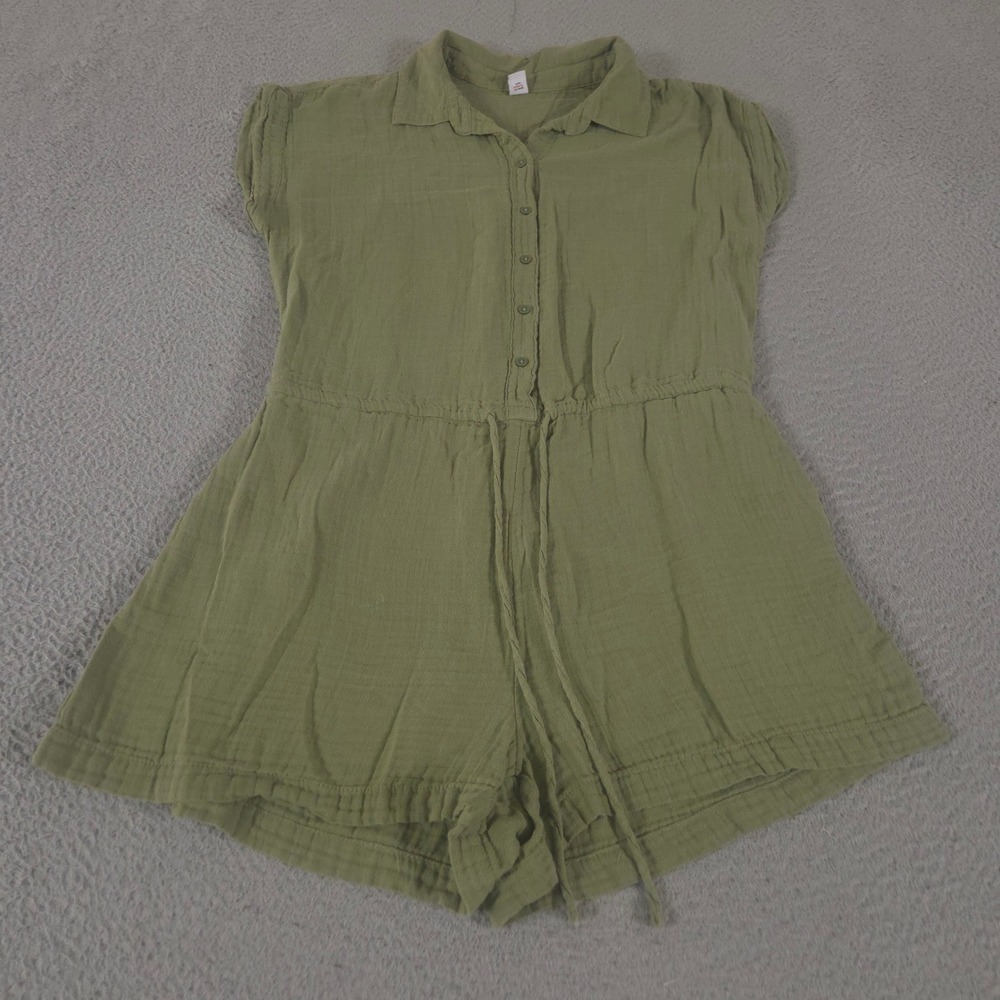 Old Navy Romper Womens Medium Green Waist-Defined Crinkle Gauze Button Up Pocket